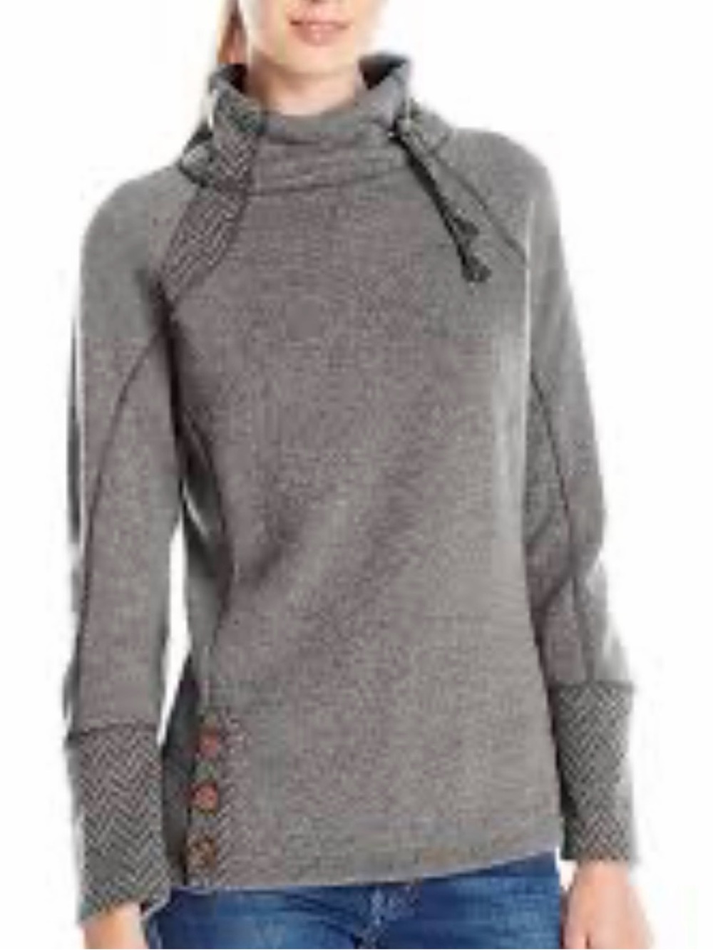 Prana Lucia Gray Funnel-Neck Sweater with Button Detail